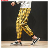 Dropshipping Japanese Streerwear Men Plaid Pants 2019 Autumn Fashion Slim Man Casual Trousers Korean Male Harem Pants