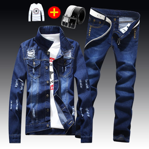 Spring Autumn Mens Slim Fit Denim Jacket Pants Long Sleeve Coat Casual 2pcs Set Buttons Front S2