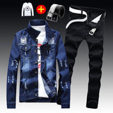 Spring Autumn Mens Slim Fit Denim Jacket Pants Long Sleeve Coat Casual 2pcs Set Buttons Front S2