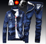 Spring Autumn Mens Slim Fit Denim Jacket Pants Long Sleeve Coat Casual 2pcs Set Buttons Front S2