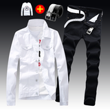 Spring Autumn Mens Slim Fit Denim Jacket Pants Long Sleeve Coat Casual 2pcs Set Buttons Front S2