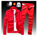 Spring Autumn Mens Slim Fit Denim Jacket Pants Long Sleeve Coat Casual 2pcs Set Buttons Front S2